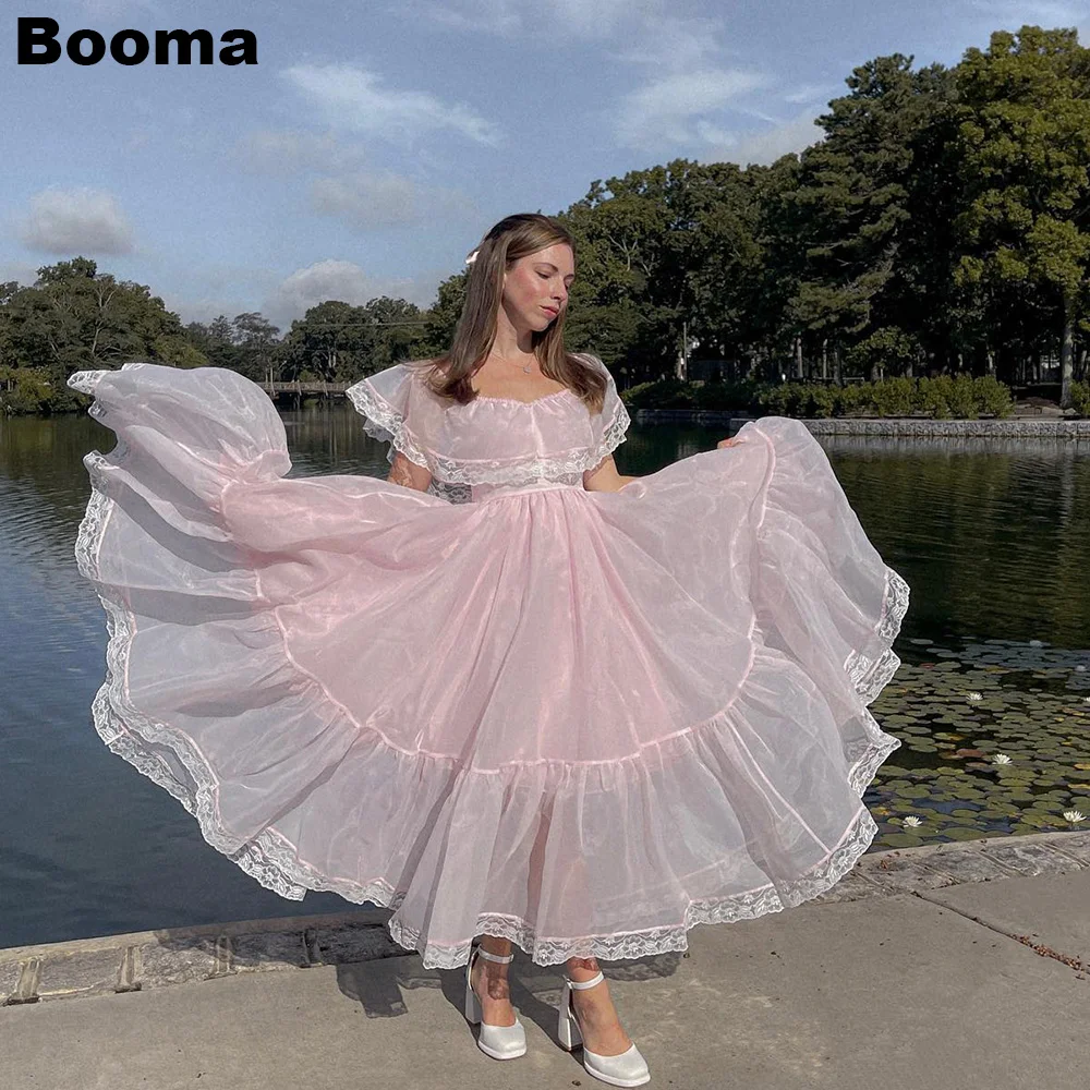 

Booma Pink Organza Prom Dresses A Line Cap Sleeves Lace Formal Evening Gowns Pleat Skirt Women Special Occasion Party Dress gala