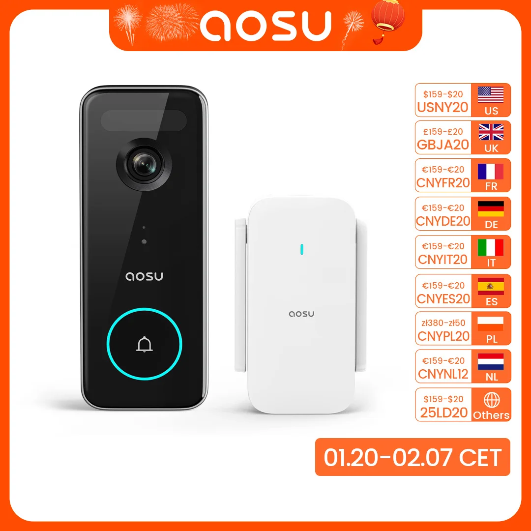 

AOSU WiFi Video Doorbell 5MP Ultra HD Outdoor Camera PIR Motion Detection 2-Way Audio IP66 Wireless Door Bell Support Alex