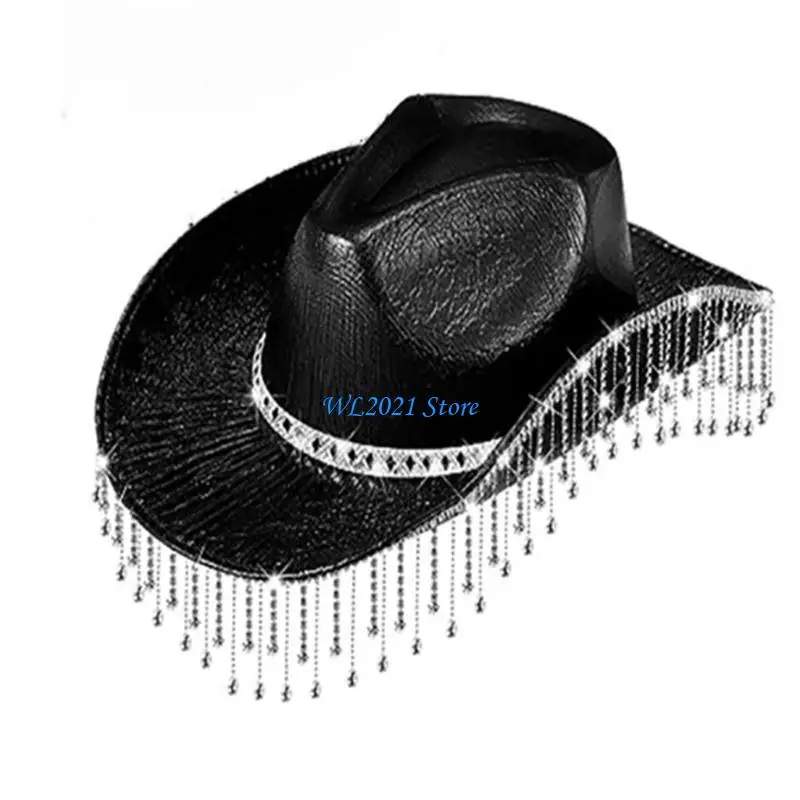 

G5GC Womens Rhinestones Cowgirl Cowboy Hat Wide Brim Diamond Glitter Western Cowboy Hat Cosplay Wide Brim Hat