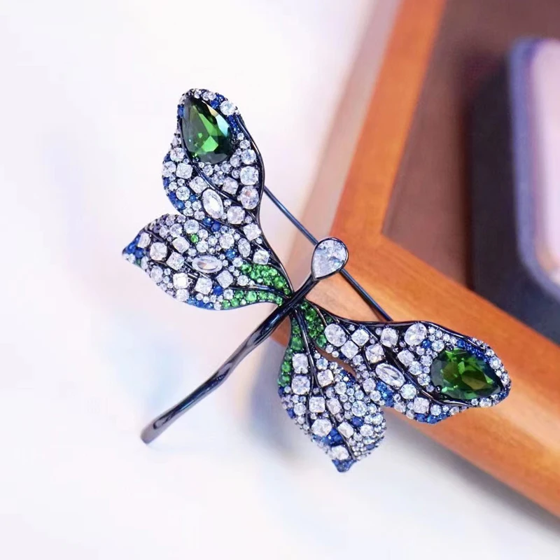 Green Dragonfly Brooch For Women Fine Jewelry 925Sterling Silver With Cubic Zirconia Elegant Vintage Style Matching Hat Suit