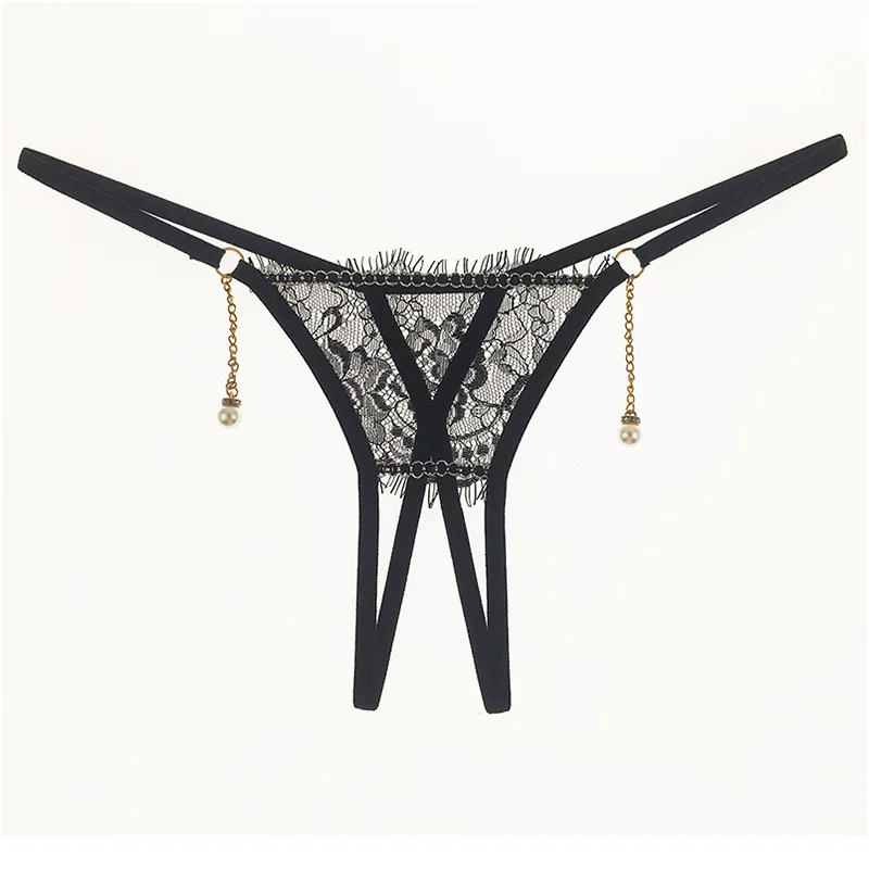 Sexy Floral Lace Pearl Pendant G-String Thong for Women Low Waist Open Crotch Panties Multi-color Pearl Pendant Panties