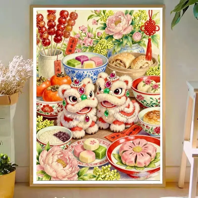 

Printed Kits Cross Stitch Lion dance celebration 11CT 9CT Embroidery DIY Cotton Needlework Sets Crafts With Needles