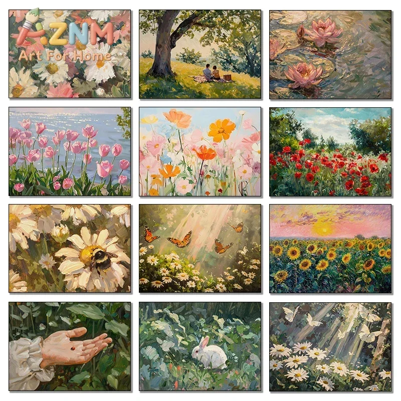 2026 Spring Academy Wind Plant Flowers Daisies Tulip Butterfly Bees Retro Poster Canvas Paintings Wall Art Pictures Home Decor
