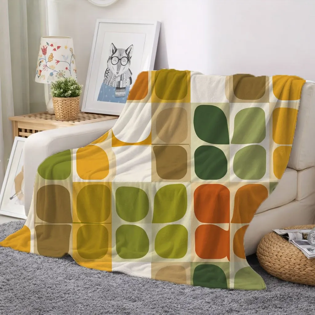 Mid Century Geometric Block Retro Color Tile Print Flannel Throw Blanket, Soft Warm Sofa Cover,Decor Gift Bedroom Daily Rest Use