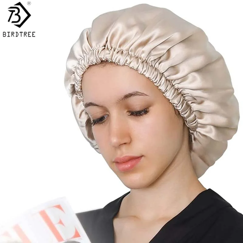 

Шелковая шапочка Birdtree, 100% натуральный шелк, женская, двухслойная, для сна, чистошелковая повязка на голову, эластичная, A62903JF