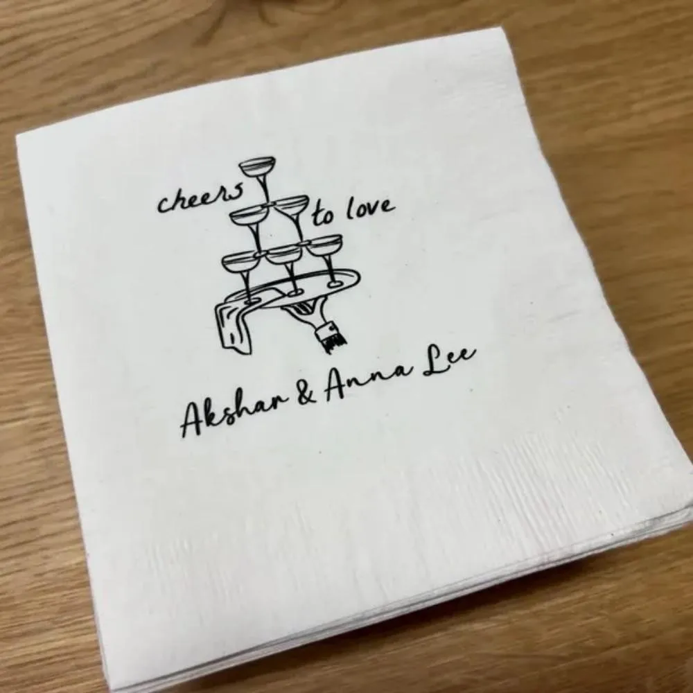 

Custom Cheers to Love Hand Drawn Glasses Wedding Napkins,Custom Wedding Cocktail Napkins,Engagement Party, Anniversary