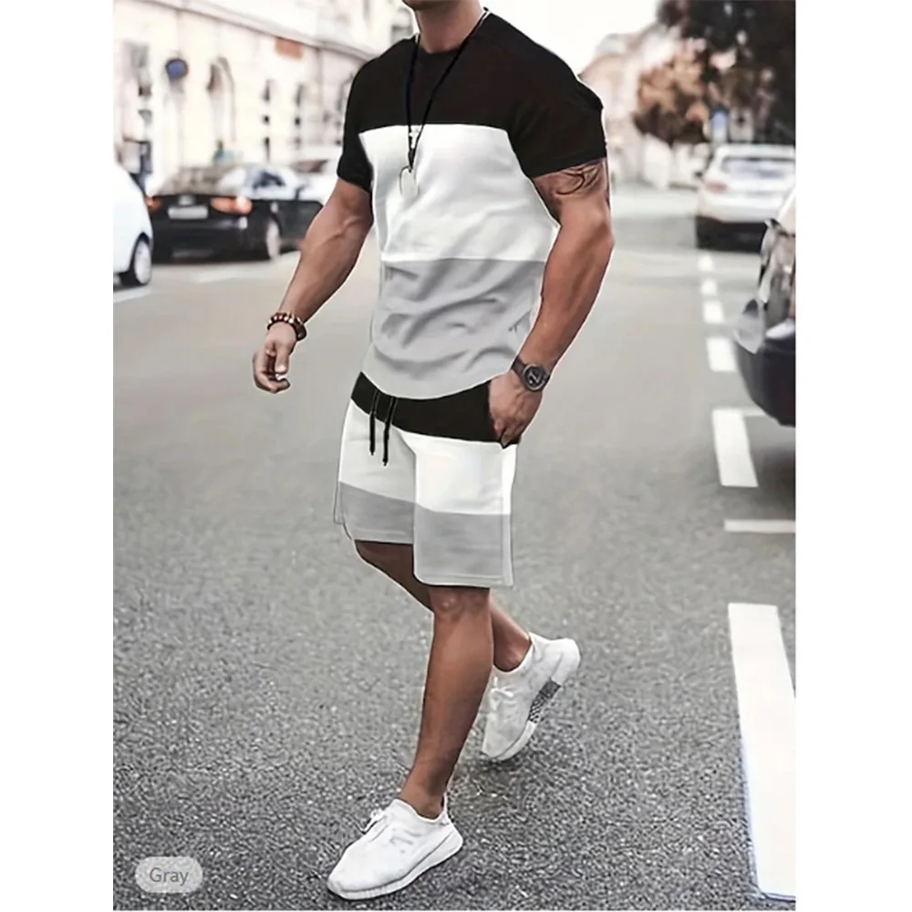 Men\'s T-shirt Suits Tracksuit Shorts and T Shirt Set Color Block Crew Neck Wear Vacation Short Sleeves 2 Piece Clothing Apparel