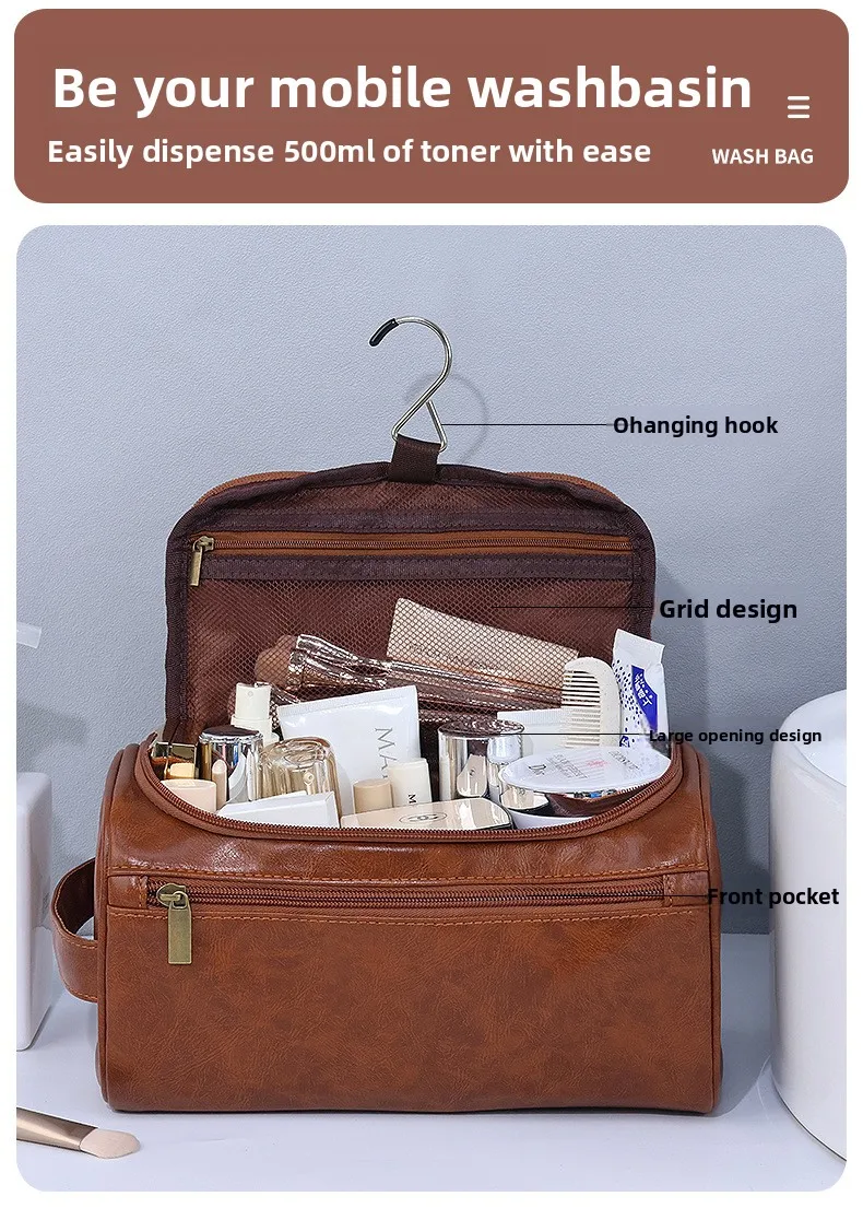 Herren PU Vintage Luxus-Kulturtasche, Reise-Essential, Business-Kosmetiktasche, Make-up-Etui, Herren-Hängeaufbewahrungsorganizer, Waschtaschen – Detail 4