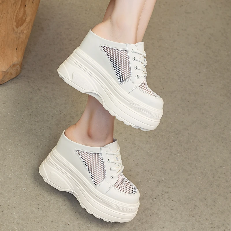 Autuspin Summer Hidden Heels Women Slippers Fashion Mesh Ladies Mules Shoes Outdoor Round Toe Lace-up Woman Slides Shoes Woman