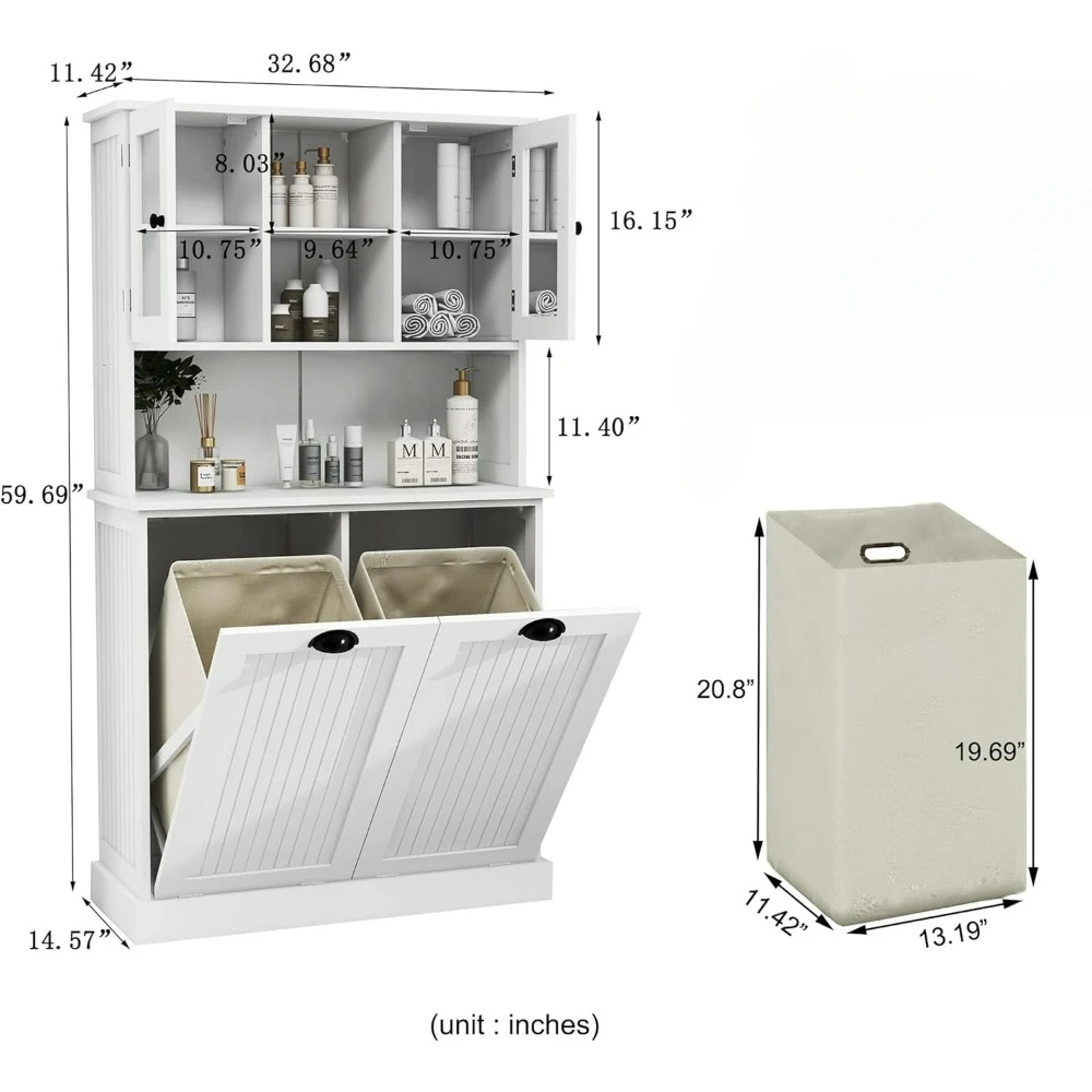 Tall Tilt-Out Double Doors Laundry Cabinet Hamper,  Storage Cabinets, Bathroom Cabinet with Hidden Laundry Hamper & Glass Doors