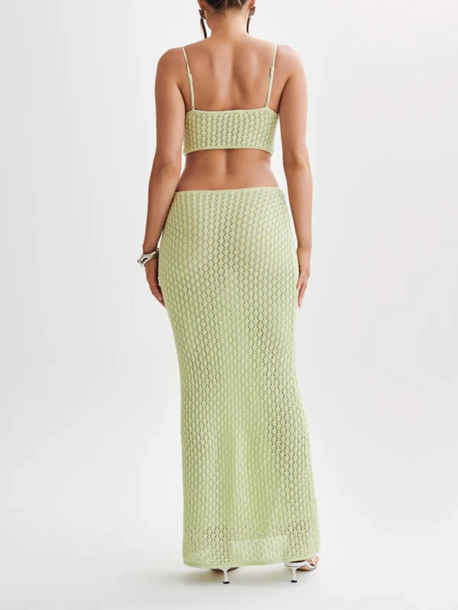 Copricostume da spiaggia intagliato all'uncinetto da donna copricostume Bikini Cami Cutout Backless Spaghetti Strap abito lungo senza maniche Beachwear