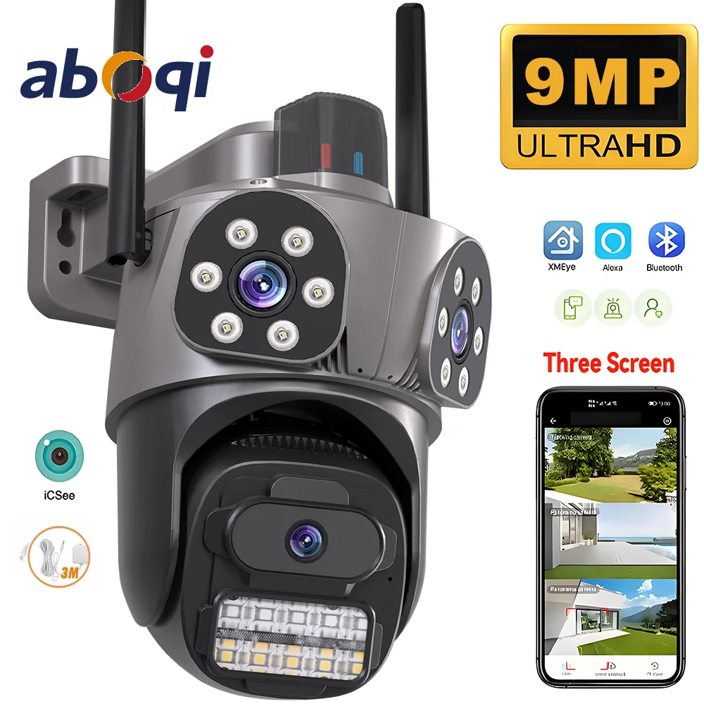 

8-кратный зум, 9 МП, 5K HD, Wi-Fi, IP-камера, уличная, с тремя объективами, двойной экран, PTZ-камера, автоматическое отслеживание, домашняя безопасность, видеонаблюдение, 6-мегапиксельная камера