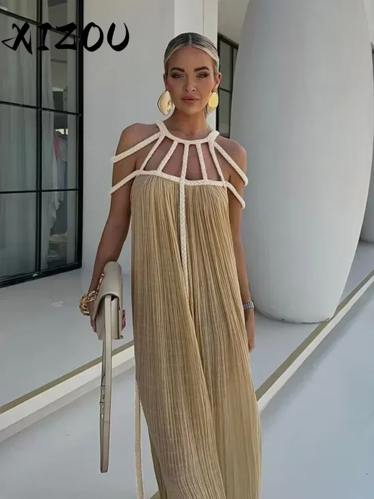 

XIZOU Summer Elegant Off Shoulder Maxi Dress Women Sexy Lace Up Backless Loose Beach Dress Party Outfits Cover-Ups Beachwear