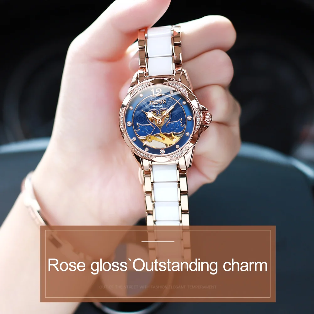 JSDUN Women Luxury Automatic Mechanical Watch Skeleton Design Diamond Wristwtach Sapphire Mirror Ceramics with Stainless Steel