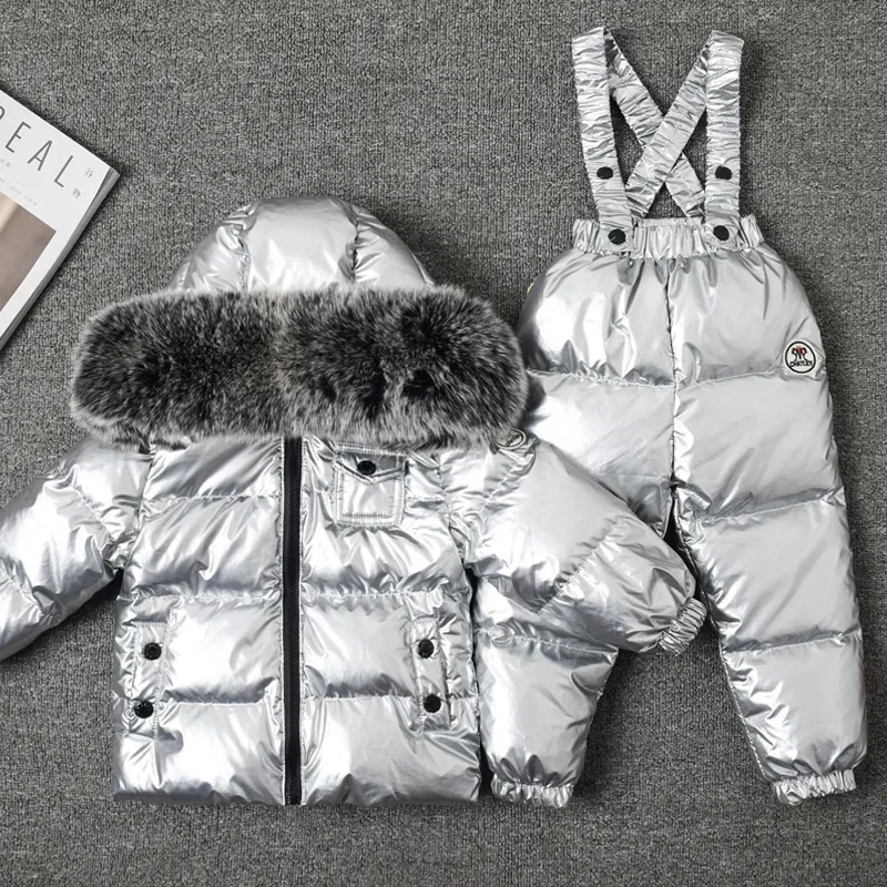 

New Winter Thicker Children Down Jacket Overall Suit Big Real Fur Collar Kids Ski Suit Boys Girls Warm Jacket Silver