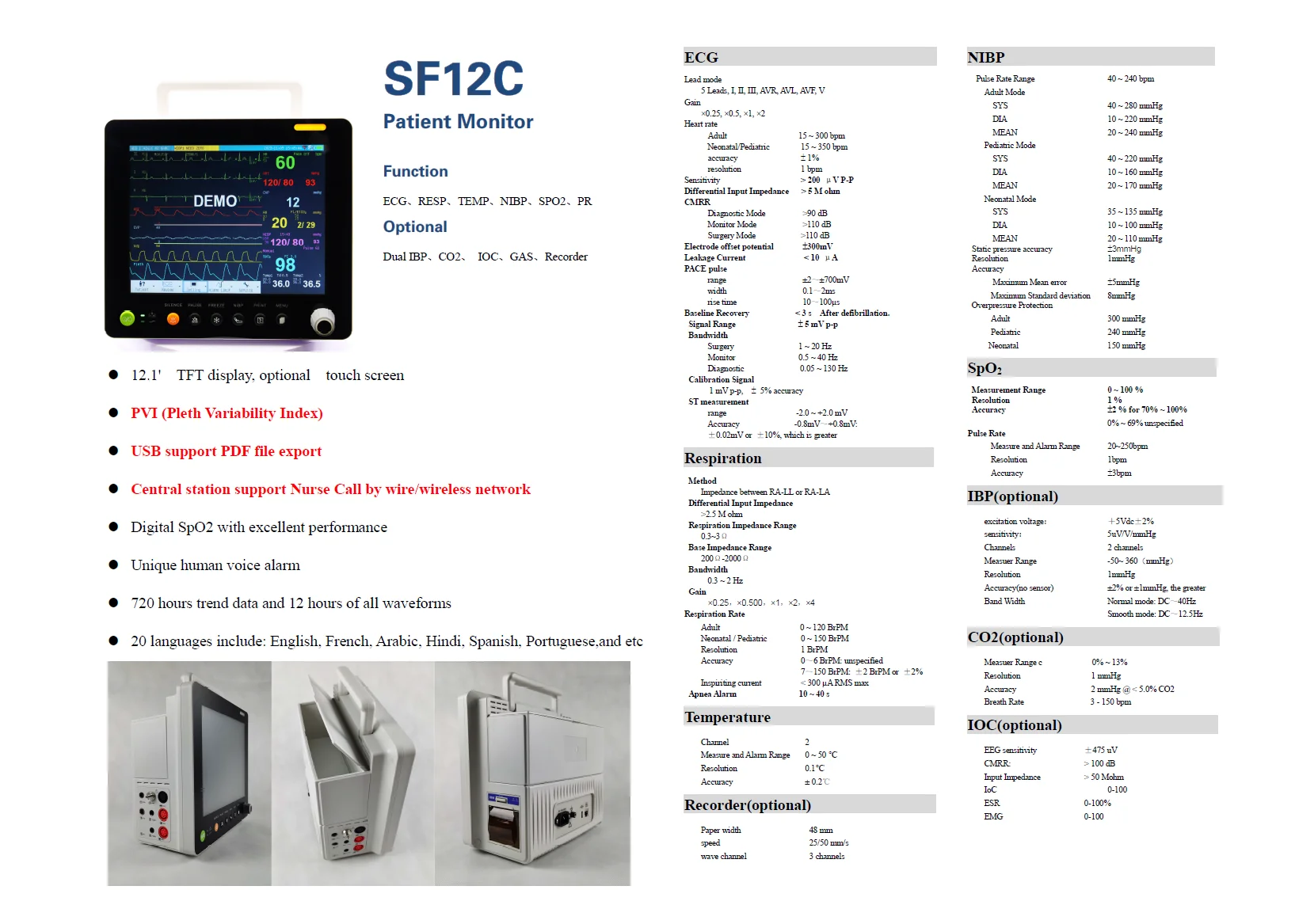 Multi-parameter Home-use Patient Monitor ECG, RESP, TEMP, NIBP, SPO2, PR CE Declared