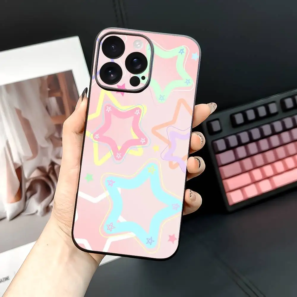 حافظة هاتف على شكل نجوم ملونة لهاتف آيفون 12 13 14 15 16 17Pro Max Plus غلاف ناعم أسود كلاسيكي