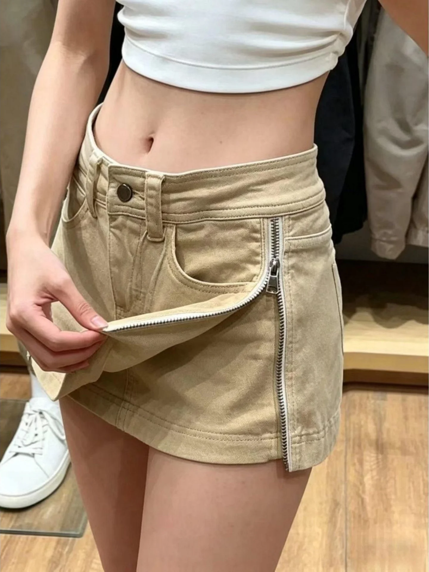 Khaki Double-Sided Zipper Design Denim  Skirt Women's Summer New Style Slimming High Waist A-Line Wraparound Skirt
