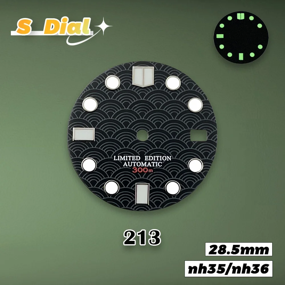جديد 28.5 مللي متر S شعار NH35 موجة البحر مقياس السمك نمط الطلب صالح NH36/4R/7S اليابانية حركة الأخضر مضيئة ساعة اكسسوارات #3