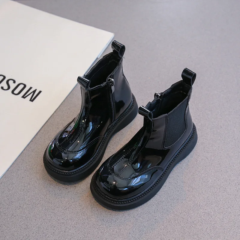 Kids'Boots PU Leather Autumn Solid Color Fashion Flat Thick Bottom Shoes For Children Warm Anti-slip Black Designer Size 26-37