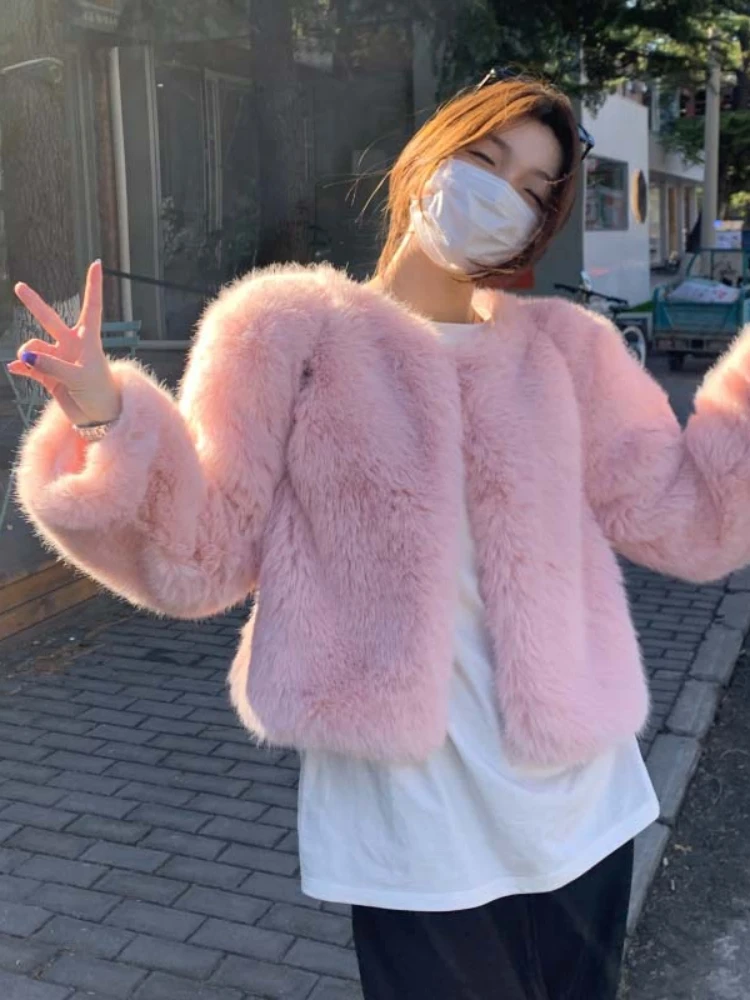 Winter Fashion Coat Temperament Artificial Fur Pink Plush Coat Women's Warm Christmas Thick Warm Fur Short Jackets for Women 1Pc