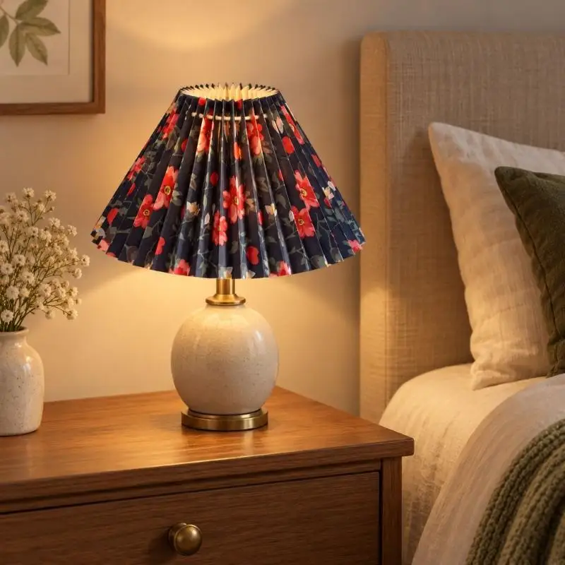 Pleated Flower-Print Fabric Lamp Shade, Foldable Cover That Helps Soften Direct Light for Bedside and Study Lighting M4YD