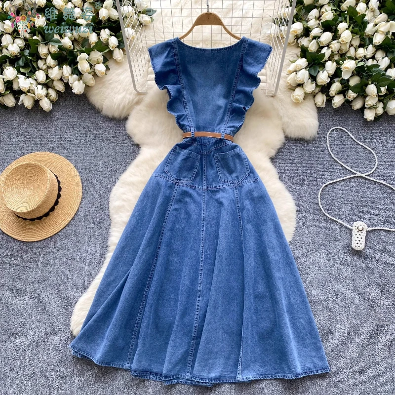 French Blue Denim Dress Women Must-have Denim Dress WithRuffled Decorations Commuting&Dating Summer High Waist V-neck Long Dress
