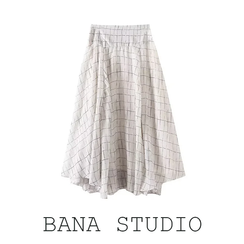 

BANA клетчатая асимметричная длинная юбка-ф-юбка женская летняя тонкая юбка-зонтик юбка-миди для поездок на работу OL Sle юбка трапециевидной формы с высокой талией