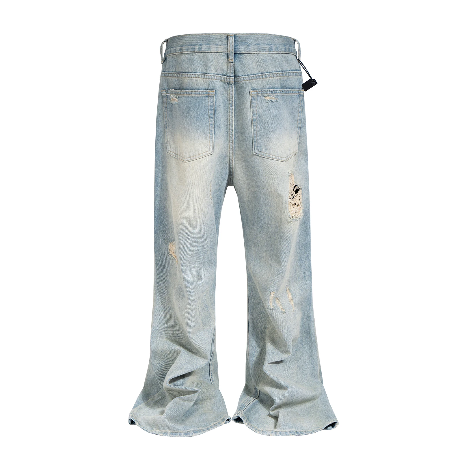 Men's Distressed Flare Jeans Metal Button Wash Ripped Wide Leg Denim Pants Front Zip Up Streetwear Vintage Baggy Jean Trousers