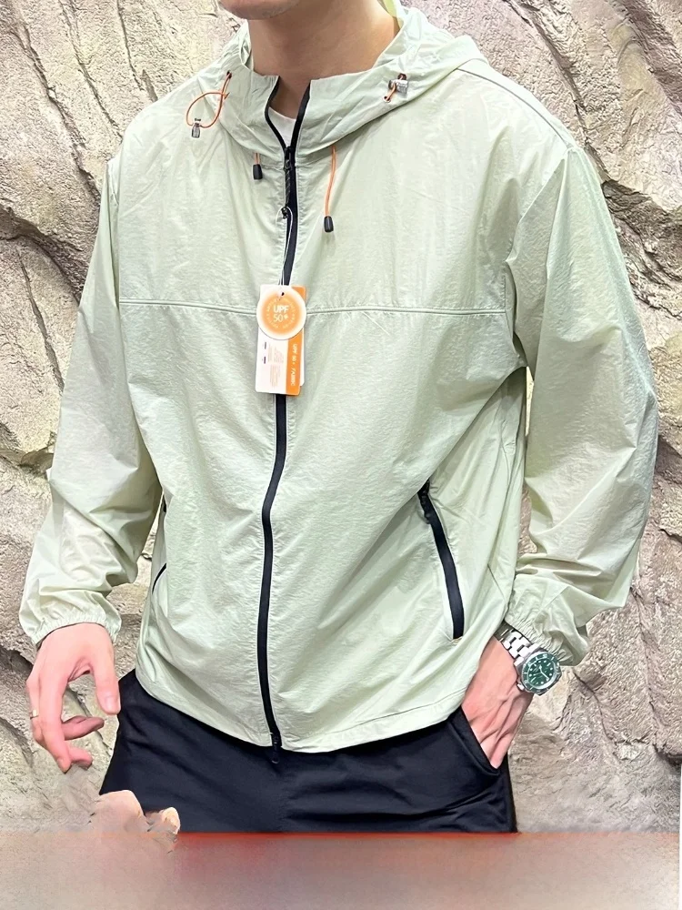 

Ультратонкая солнцезащитная куртка для мужчин, дышащая износостойкая текстура, весна-лето, легкая нейлоновая застежка-молния с капюшоном
