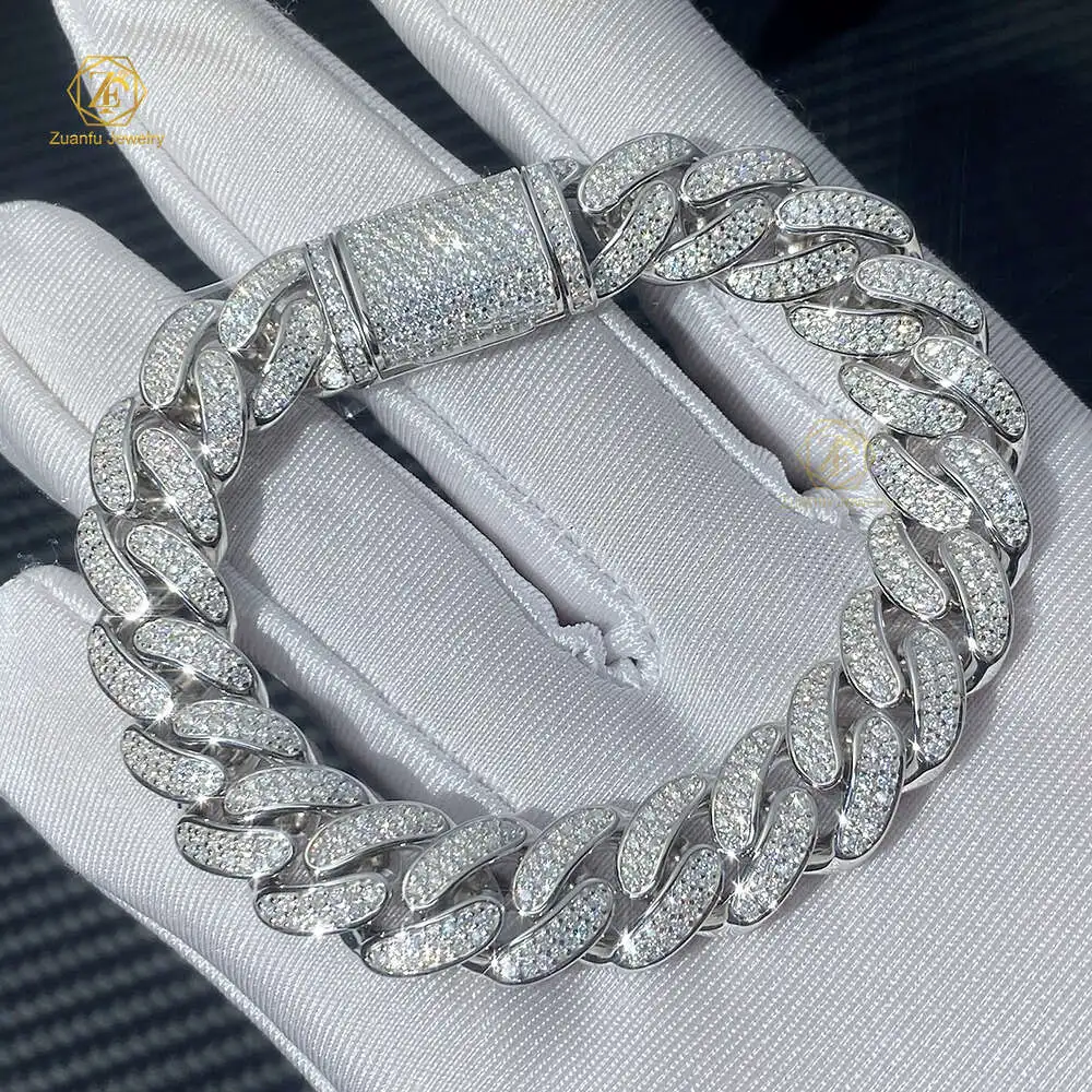 Miami Cuban Chain Iced Out Moissanite Bracelet Hip Hop Jewelry 925 Silver for Men Gift Box Womens Charm Bracelets Cuban Link