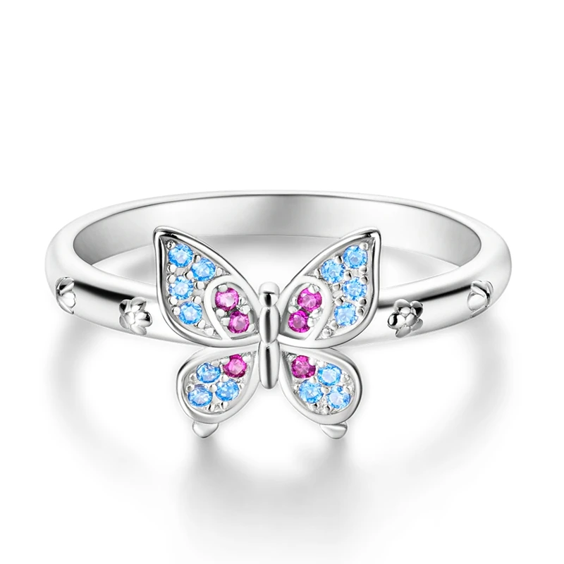 Original 925 Sterling Silver Flower and Butterfly Ring For Women Girls Jewelry Birthday Anniversary Gifts