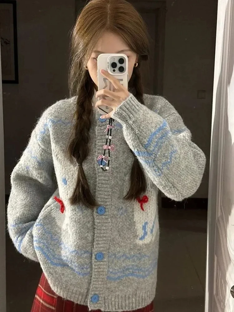 Jmprs Cute Print Women Cardigan Sweaters Japan Sweet Long Sleeve Knitted Coat Preppy Style Casual Loose Retro Female Kawaii Tops