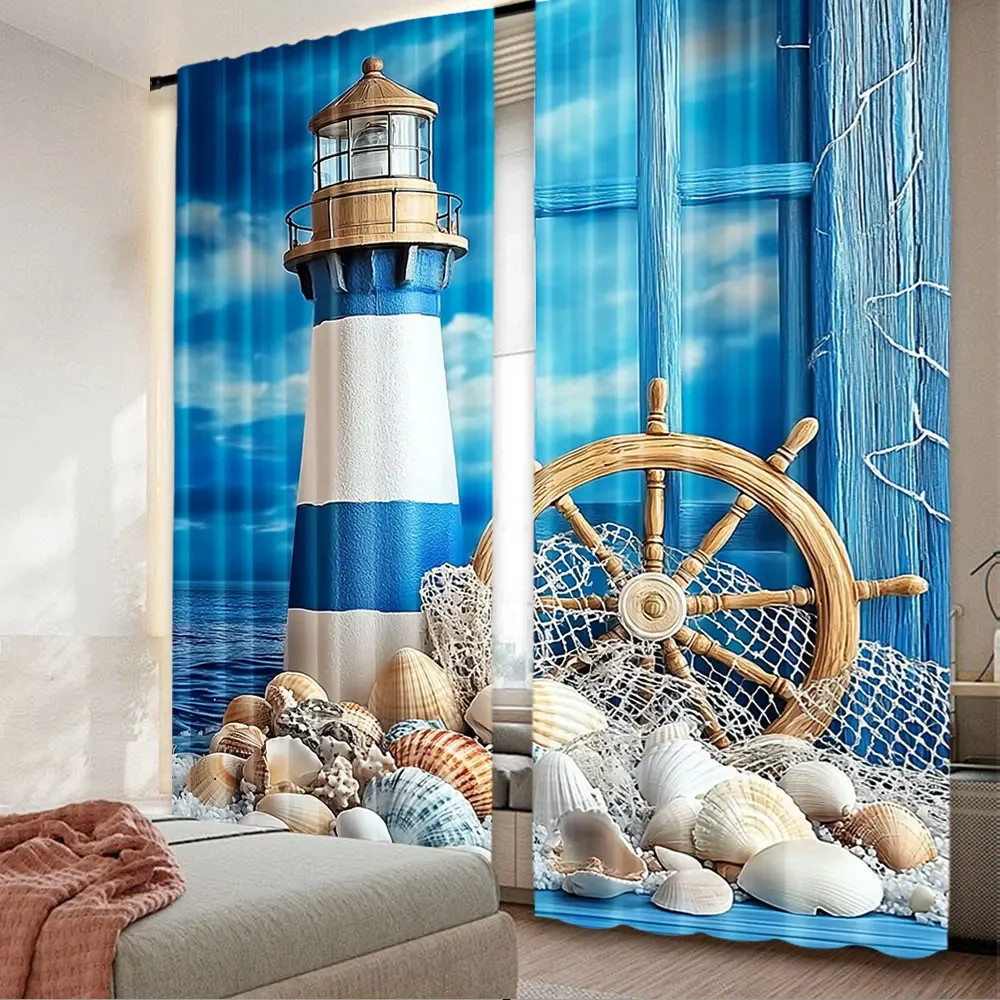 2Pcs Blue Wooden Nautical Curtain Sailor Sailing Ship Boat Rudder Fishing Net Lighthouse For Living Room Bedroom A