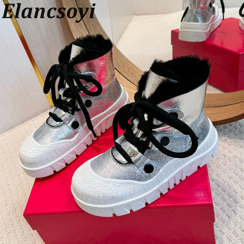 Winter Real Leather Waterproof Anti Slip Snow Boots Women Flat Heel Thick Soled Lace Up Short Boots Warm Real Wool Ankle Botas