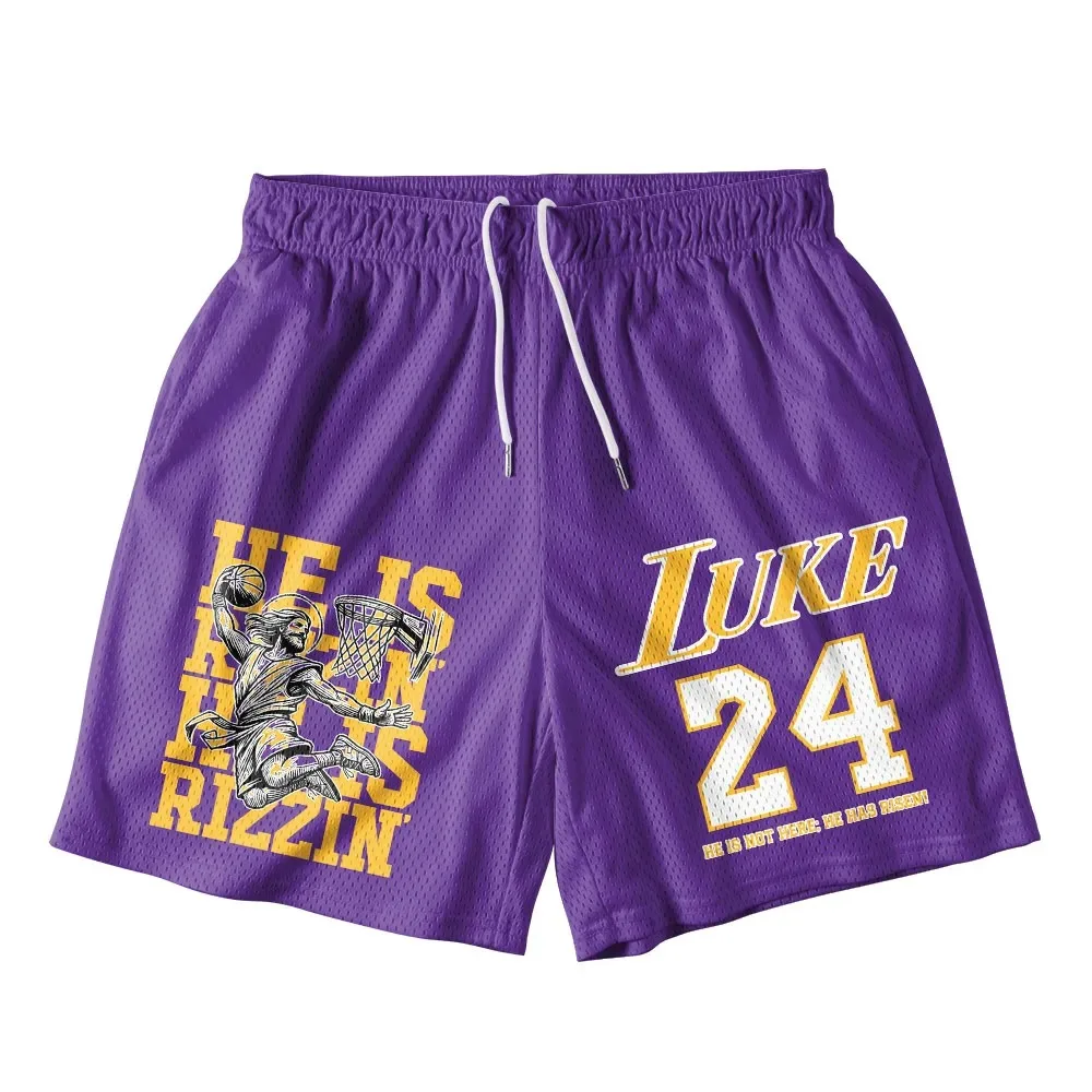 Luke 24 He Is Rizzin Yellow Christian Mesh Shorts Family Matching Outfits Summer Street Basketball Athletic Quick-drying Shorts