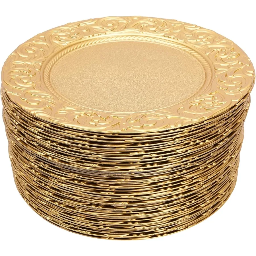 

100 Pcs Charger Plates Set Round Charger Plates Reusable Serving Plates Embossed Rim Plastic Charger Plate Decorative Round Pla