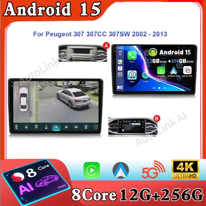 

Автомобильное радио Android 15 Carplay для Peugeot 407 1 2004 2005 2006-2011 навигация GPS мультимедийный плеер стерео Wi-Fi + 4G Auto DSP BT