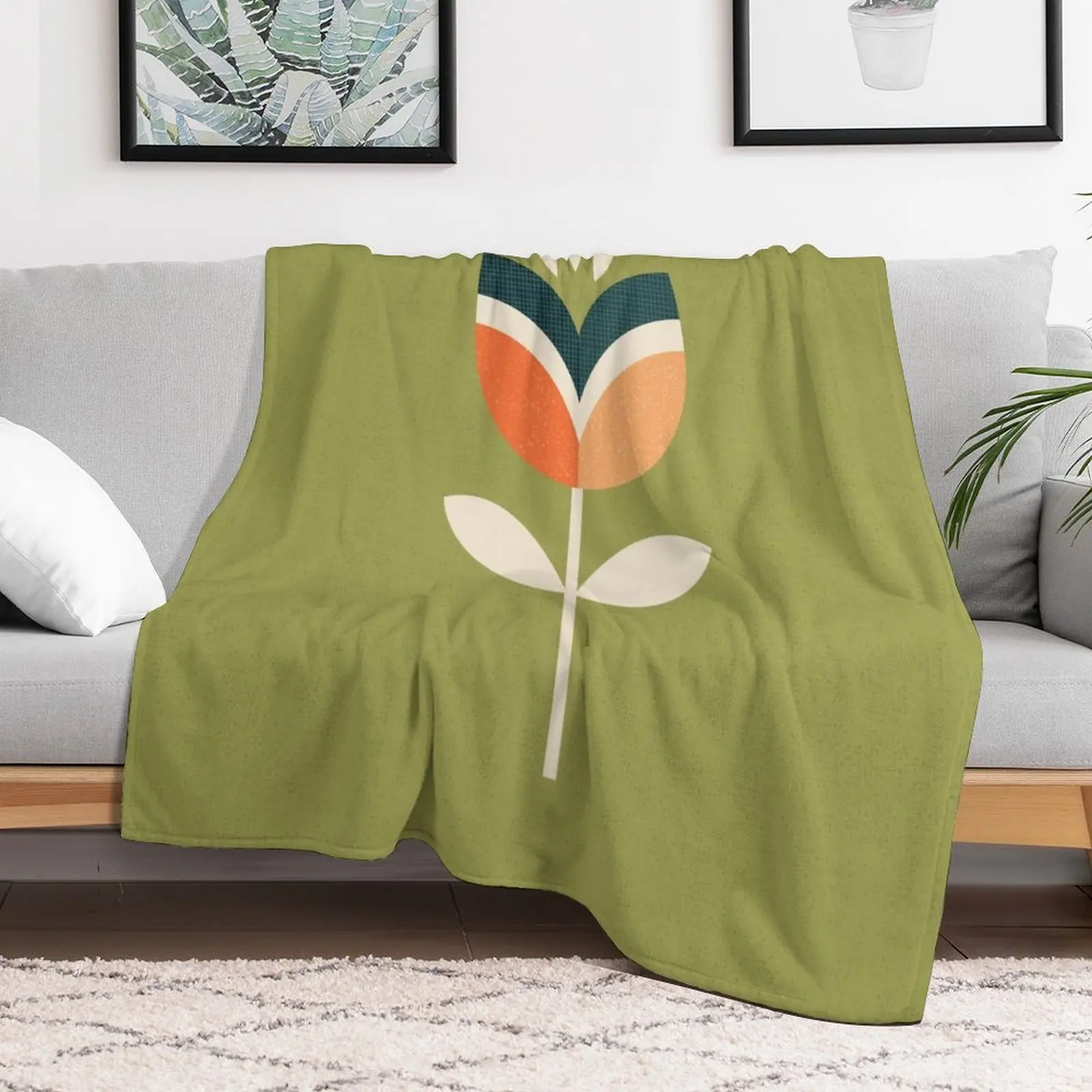 Retro Tulip - Orange and Olive Green Throw Blanket Bed covers Single Hairy Blankets