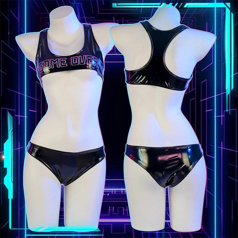 SENMHS النساء أنيمي Cyberpunk GAMEOVER طباعة بولي براءات الاختراع والجلود تانك والسراويل دعوى تأثيري حلي مثير الملابس الداخلية ثوب النوم