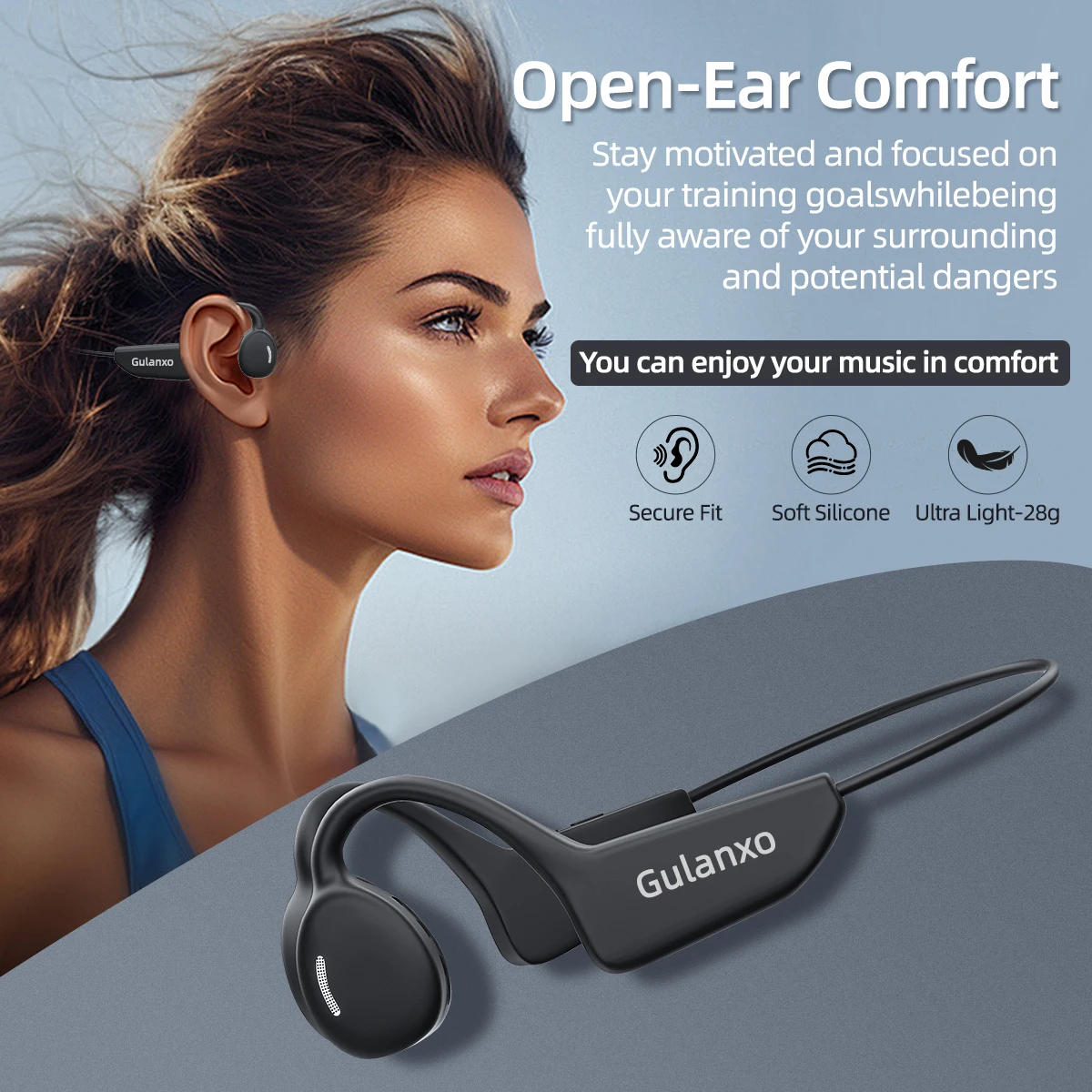 Gulanxo bone conduction wireless Bluetooth 5.3 earphones, sports earphones, HiFi sound quality, waterproof with microphone, TWS