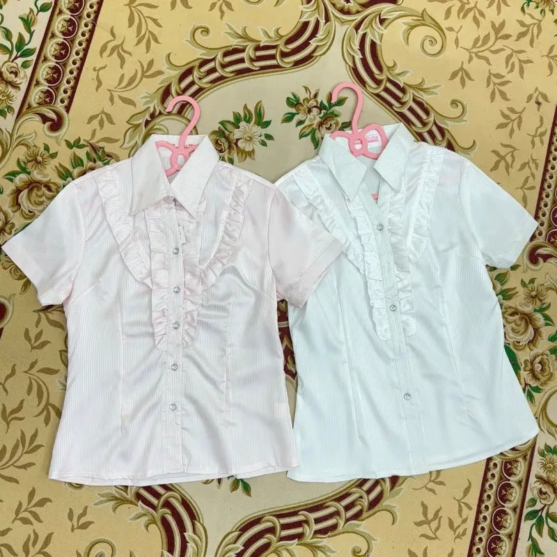 White Preppy Edible Tree Fungus Y2k Chemises Turn Down Collar Ruffles Ruched Camisas Women Lolita Style Shirts Japanese