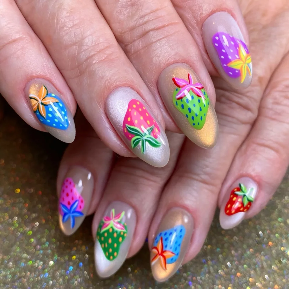 24pcs Y2K Colorful Strawberry Press on Nails Almond Cat-Eye Fake Nail Fruit and Star-Spangled Sweet False Nail for Women&Girl