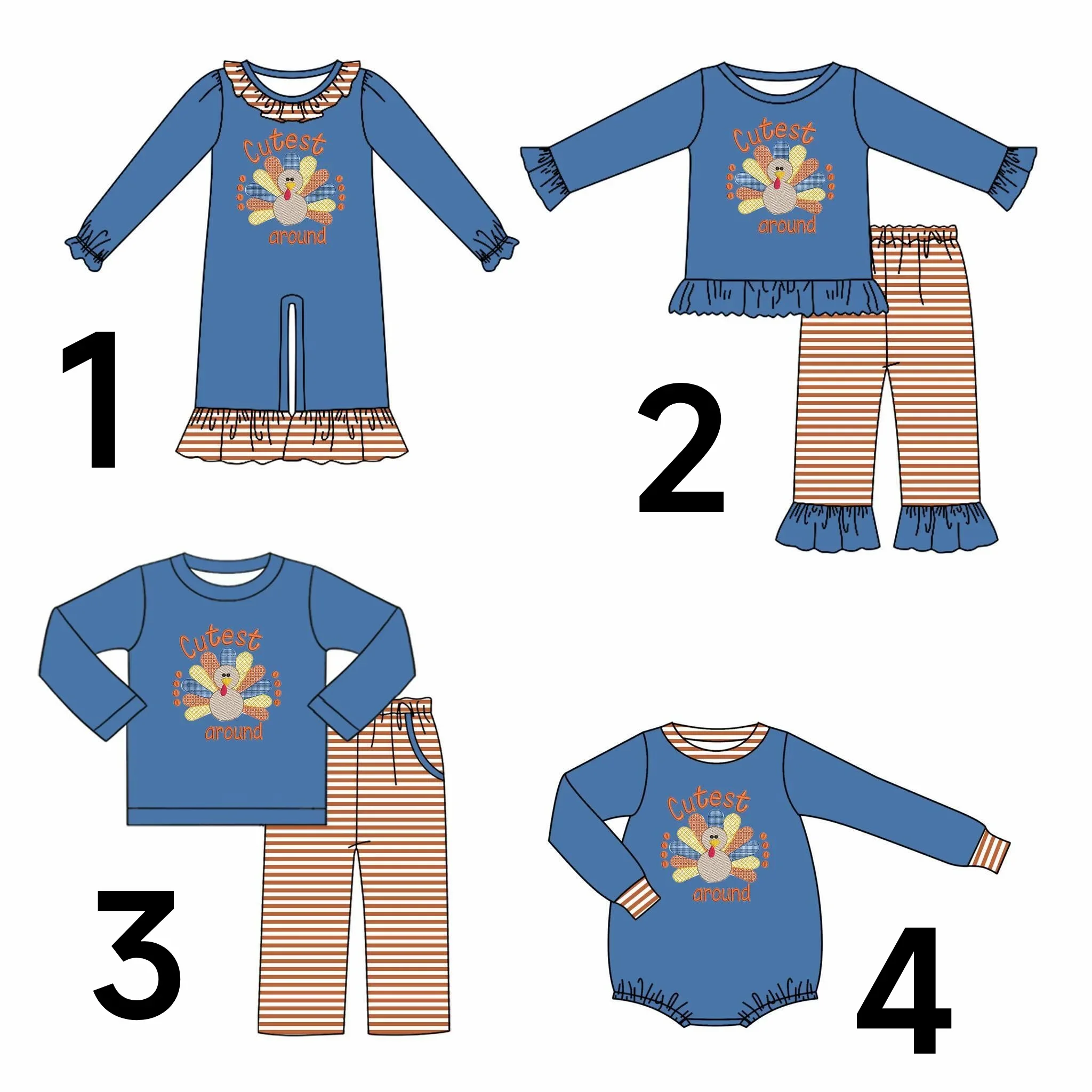 Boutique Children's Holiday Outfits Boys Girls Matching Suits Blue Tops Red White Striped Pants Turkey Print Baby Thanksgiving O