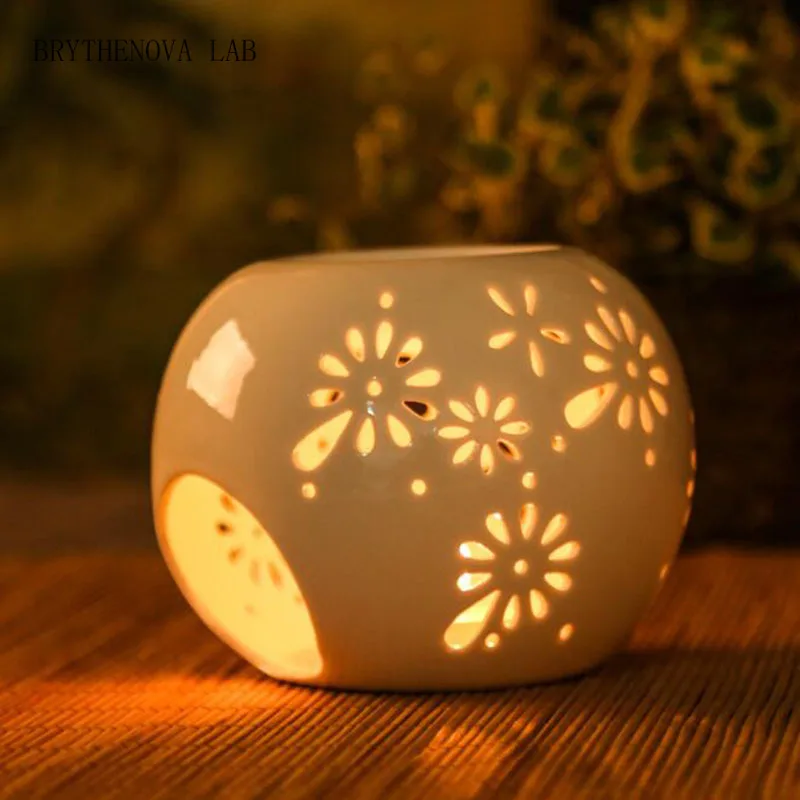White Color Round Shape Aroma Burner Hollow Floral Pattern Essential Burner Oil Candle Holder Oil Lamp Fragrance Home Decor