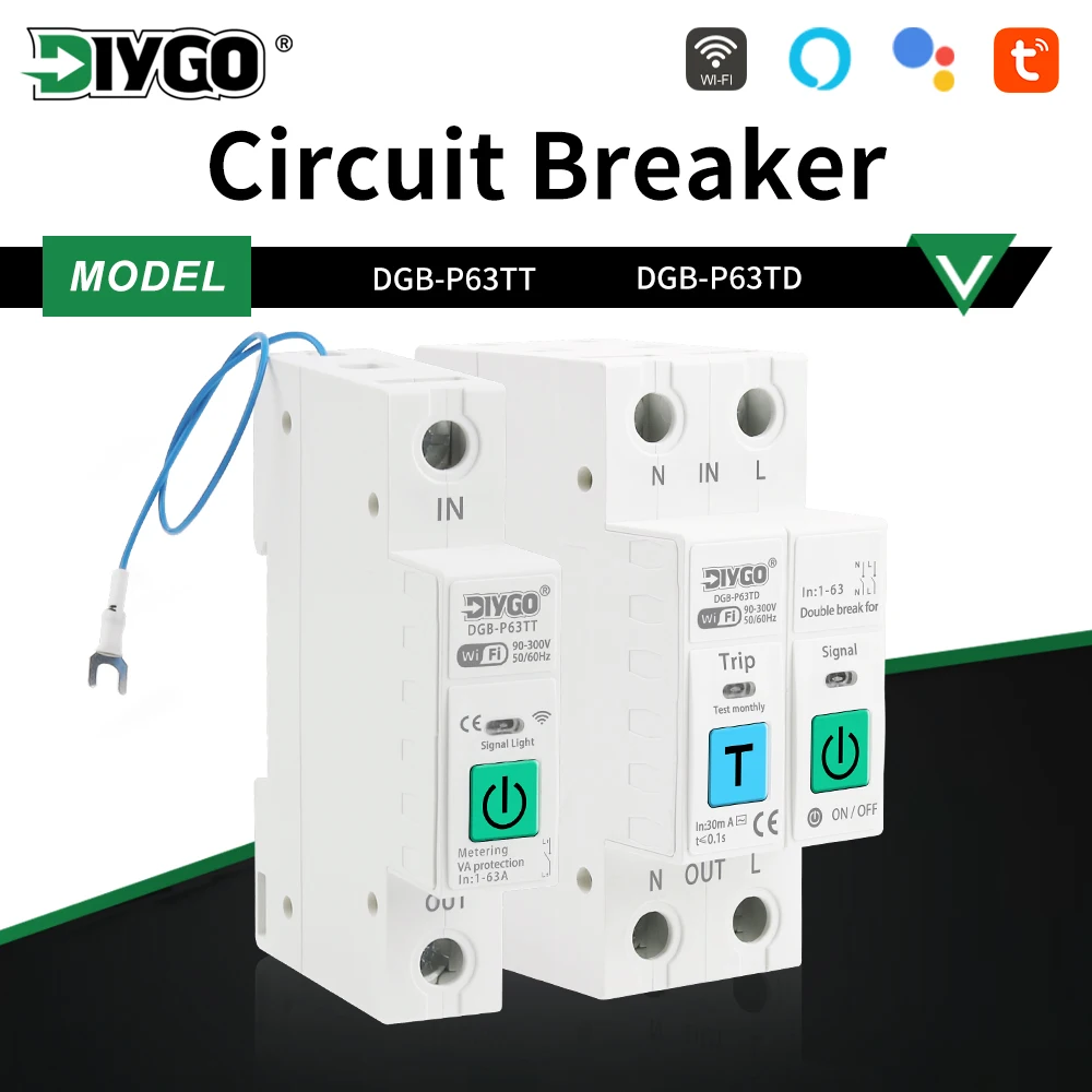 

1P+N/2P Tuya Smart Metering WIFI Circuit Breaker Over Under Voltage Protect Power Meter Remote Control Switch 1-63A Adjustable