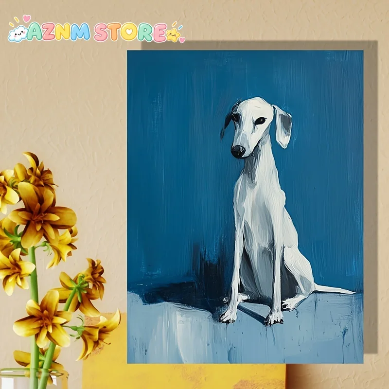 Chic Greyhound Canvas Art Print - Minimalist Oil Painting Style, Black-Faced White Dog on Blue Background, Frameless Wall Dec