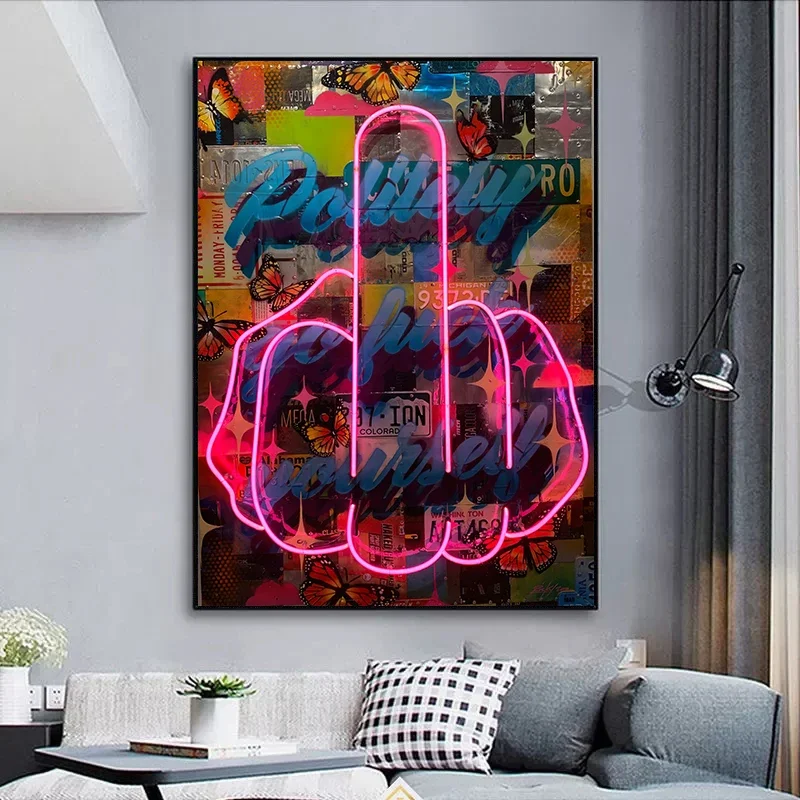 Classic Abstract Wall Art Neon Design Middle Finger Painting HD Canvas Printed Poster Home Living Room Bedroom Decoration