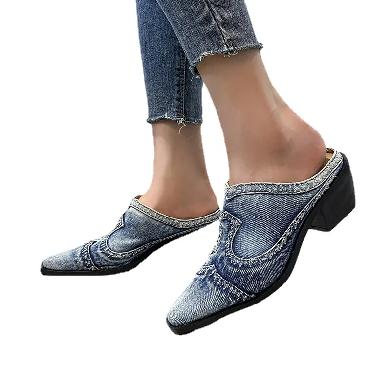 Denim pantofle na co dzień sandały na wysokim obcasie damskie w stylu Vintage buty damskie nowe mody fala wiosna lato 2022 Sandalias De Mujer