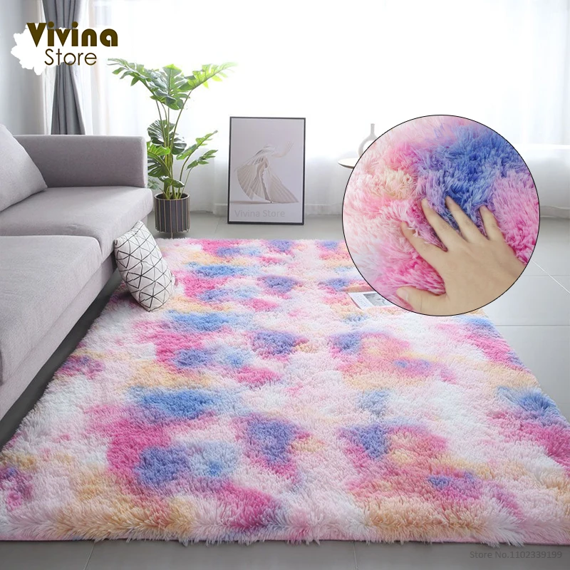 Rainbow Fluffy Carpet For Living Room Plush Rug For Bedroom Colorful Girl Rug Christmas Decoration House Interior Warm Floor Mat